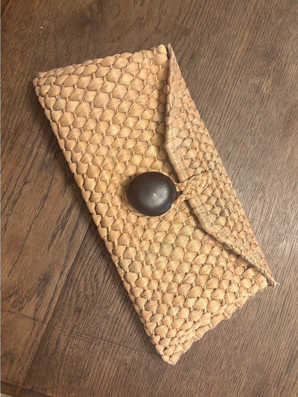 Hand Crafted Straw Clutch with Dark Brown Sea Bean Button